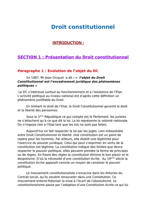 Droit Constitutionnel S1 L1 Droit Constitutionnel INTRODUCTION