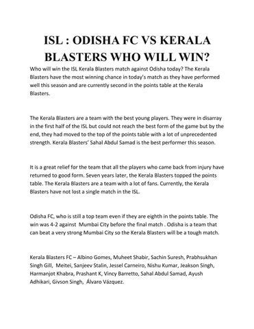 ISL : ODISHA FC VS KERALA BLASTERS WHO WILL WIN? by Khel India - Issuu