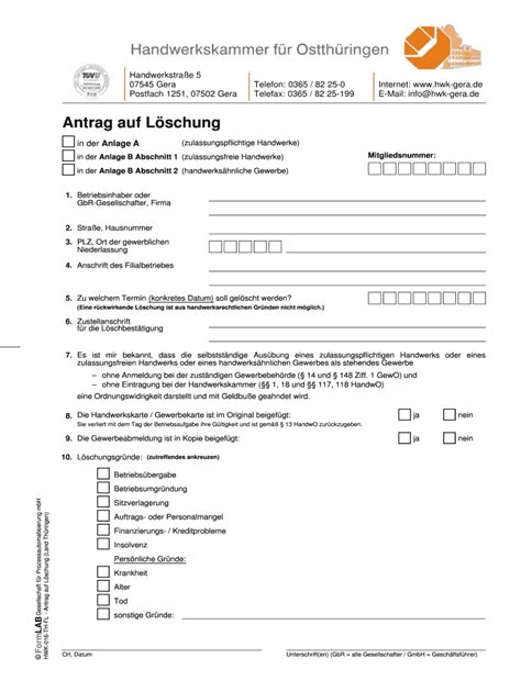 Ausfüllbar Online hwk gera Antrag auf Lschung bHWKb bGerab Fax Email