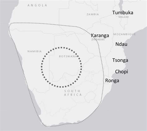 Map showing Bantu languages immediately outside of the Kalahari Basin ...