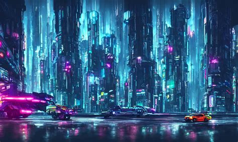 Cyberpunk Night City With Flying Robot And Cybertruck Stable