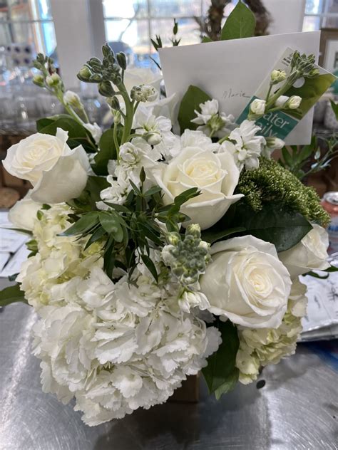 Gold Vase With Hydrangea And Roses By Hawk And Sparrow Flowers