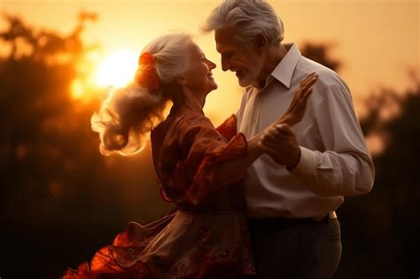 Una Feliz Pareja De Ancianos Bailando Rom Ntica Y Amorosa Al Atardecer