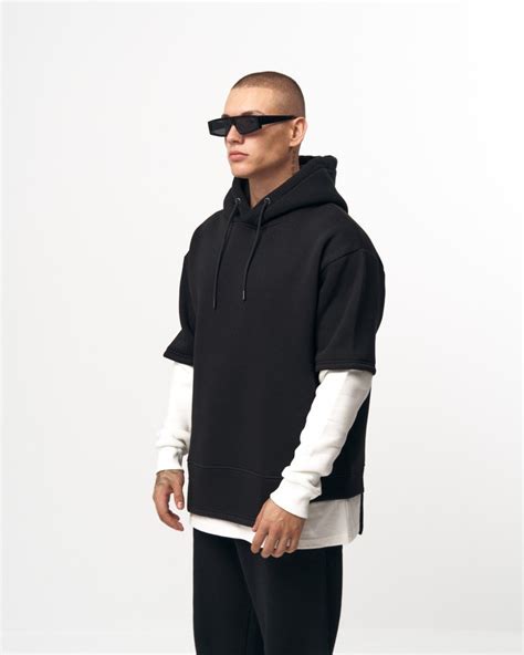 Mens Oversize Half Sleeve Detailed Hoodie Blackandwhite Martin Valen