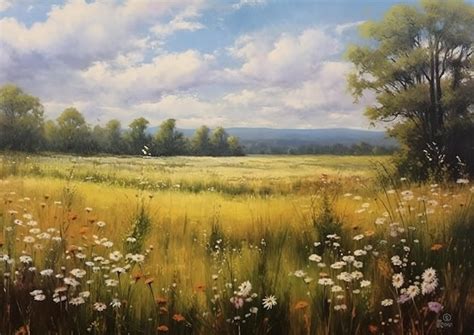 Premium AI Image | Wildflower Field Landscape Oil Painting