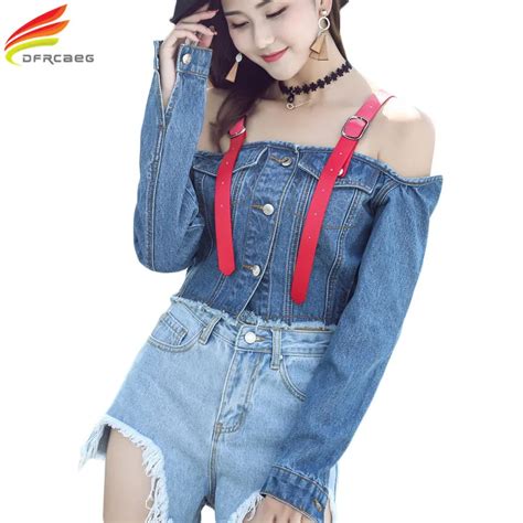 Buy Off Shoulder Sexy Denim Jacket Women 2018 Fashion Autumn Slash Neck