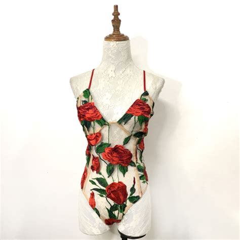 I Saw It First Sexy Nude Mesh Sheer Red Rose Floral Embroidered Thong Bodysuit Lingerie Women S