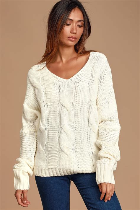 Trendy White Sweater Cable Knit Sweater Cozy Knit Sweater Top Cozy