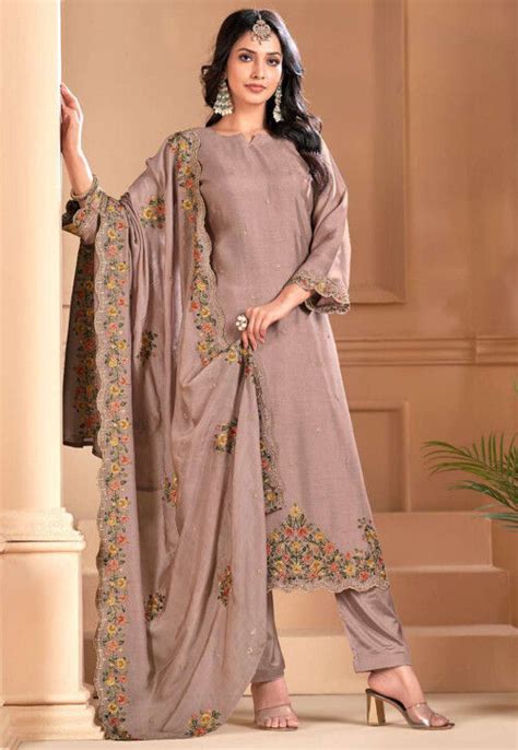 Embroidered Muslin Silk Pakistani Suit In Old Rose KJR712