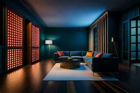 a living room with dark wood floors and blue walls. AI-Generated ...