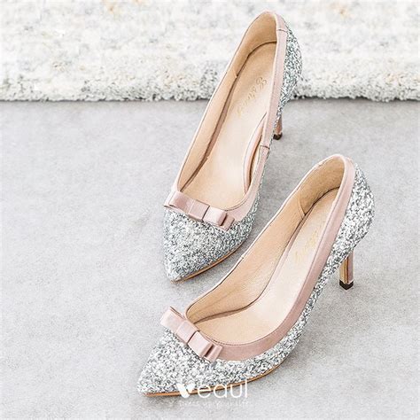 Sparkly Silver Wedding Shoes Leather Sequins Bow Cm Stiletto