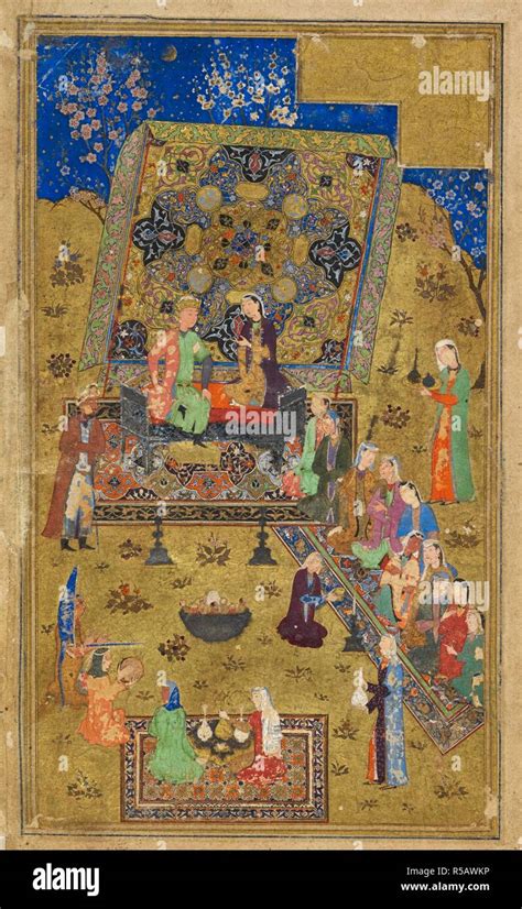 A prince and his retinue being entertained at night in a garden. Khamsa ...