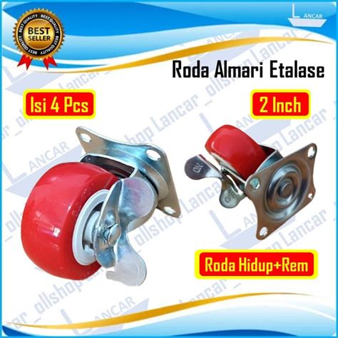 Roda Gepeng Nylon Merah Putih 2 Inch Hidup Rem Isi 4 Pcs Roda Almari