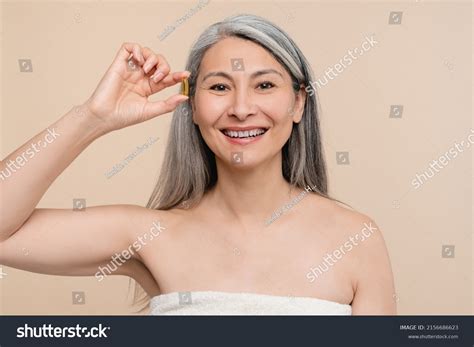 Smiling Mature Middleaged Caucasian Naked Shirtless Stock Photo