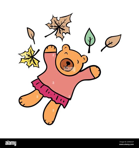 Cute bear and autumn leaves. Cartoon character. Funny animal. Hand ...