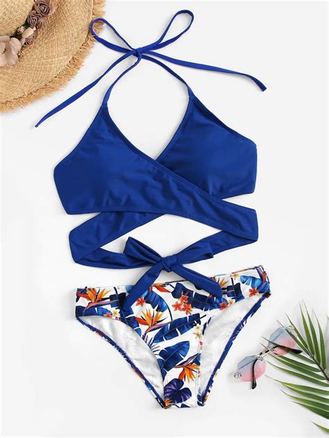 Wrap Halter Top With Random Leaf Bikini Set SHEIN Bikini Bandeau