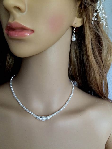 Pearl And Diamante Bridal Jewellery Set Classic Pearl Necklace Etsy Uk