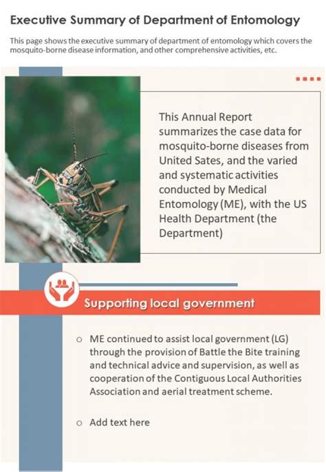 One Page Executive Summary Of Department Of Entomology Presentation Report Infographic Ppt Pdf