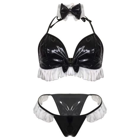 IEFIEL Soutien Gorge Sexy Femme Cuir Verni Lingerie De Nuit String Slip