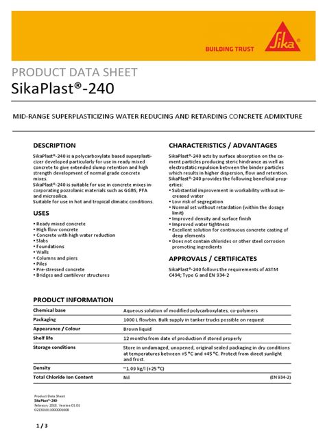 Sikaplast®-240: Product Data Sheet | PDF | Concrete | Building Materials