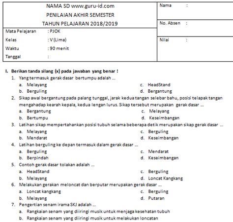 Soal Uas Pjok Semester 2 Kelas 5 Dan Kunci Jawaban Isanggar Mobile Riset