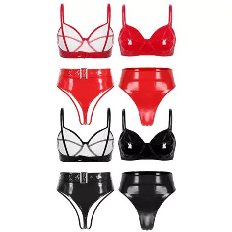 DE DAMEN WETLOOK Dessous Set Lack Leder BH Mit Panty Slip Lingerie Clubwear Sexy EUR