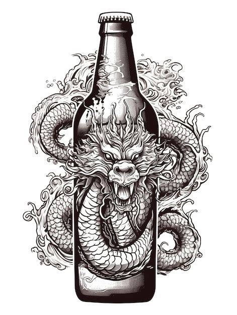 Premium Photo A Black And White Drawing Of A Dragon On A Beer Bottle