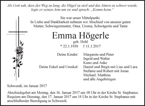 Traueranzeigen Von Emma H Gerle Schwaebische De Trauerportal