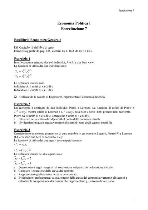 Economia Politica Esercitazione Testo E Soluzioni Economia