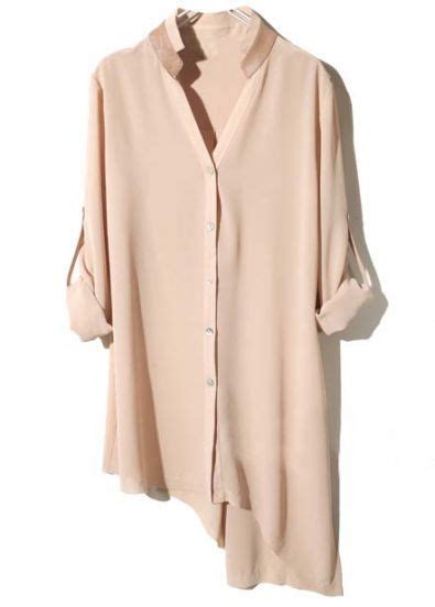 Nude Contrast Leather Asymmetrical Chiffon Blouse Fashion Chiffon Blouse Clothes