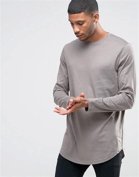 Asos Super Longline Long Sleeve T Shirt With Curve Hem In Gray Gray