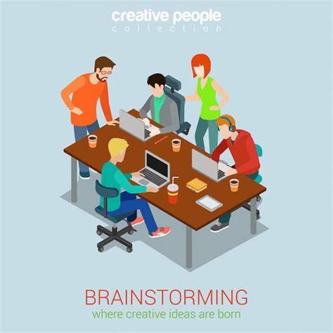 Premium Vector Brainstorming Teamwork Team Meeting Concept Isometric