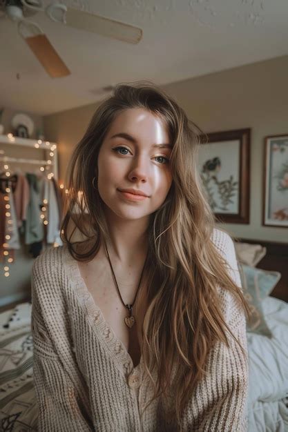 Beautiful Girl Selfie In Cozy Bedroom Premium Ai Generated Image