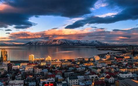 Download wallpapers Reykjavik, fjord, mountains, sunset, Iceland for ...