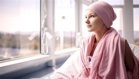 Premium Photo Woman With Pink Cancer Scarf In Hospital