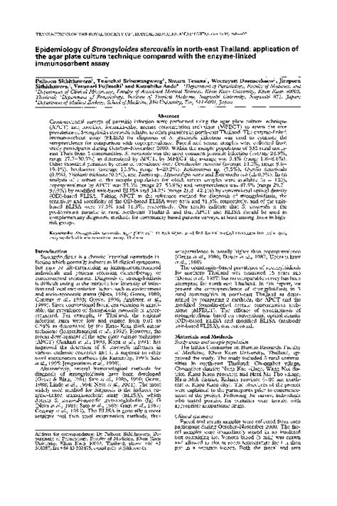 Pdf Epidemiology Of Strongyloides Stercoralis In North East Thailand Application Of The Agar