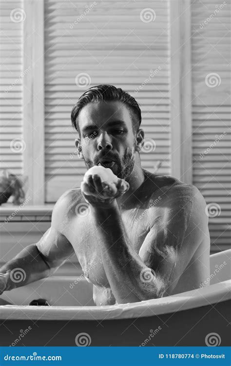 Guy In Bathroom Covered With Foam With Toiletries On Background Sex And Erotica Concept Macho