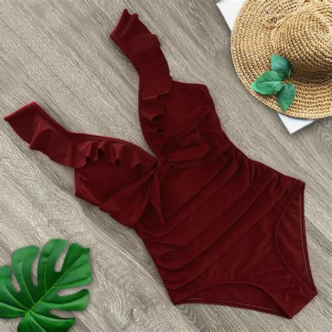 Sexy Ruffle One Piece Swimsuit Off The Shoulder Swimwear Women Swimsuit