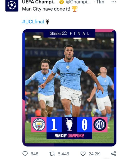 Manchester City Win Their First Uefa Champions League Title After Beating Inter Milan 1 0 To