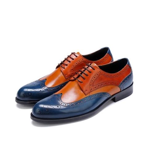 Men Two Tone Blue Orange Brogue Toe Wing Tip Oxford Real Leather Shoes