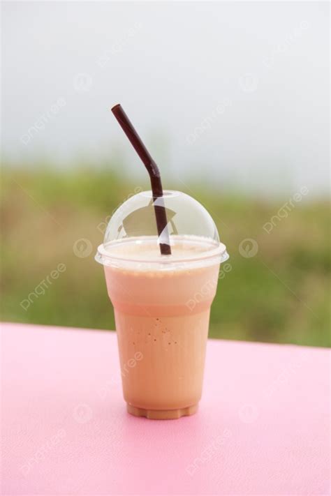 Plastic Coffee Mug Coffee Blended With Ice In A Plastic Cup On The