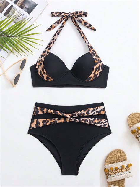 SHEIN Swim Vcay Leopardo Maiô Bikini Push Up SHEIN PT