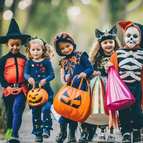 Un Grupo De Ni Os Vestidos Con Disfraces De Halloween Haciendo Trucos