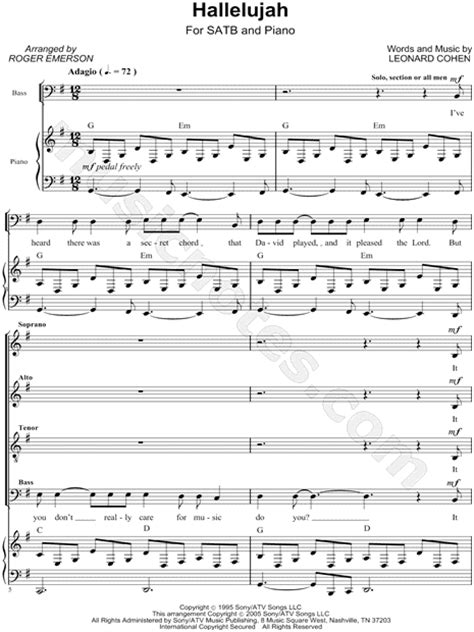 Rufus Wainwright Hallelujah Satb Choir Piano Choral Sheet Music In