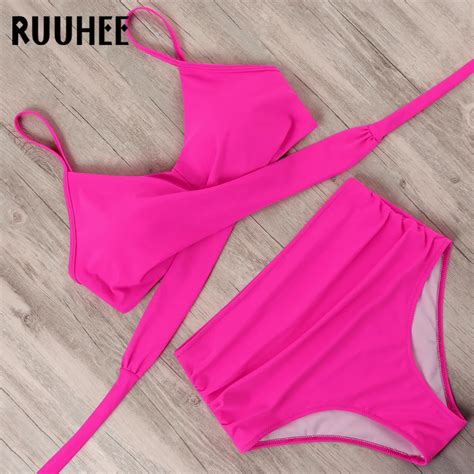 RUUHEE Bademode Frauen Criss Cross Badeanzug Sexy Strand Tragen Feste Bikini Sets Gedruckt Hohe