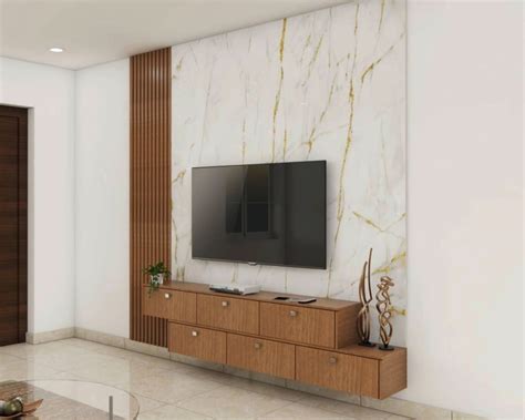 Wooden Tv Unit Design With Stacked Console And Marble Backpanel Livspace