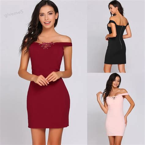 Sexy Women Summer Party Evening Mini Sheath Dress Lace Up Slash Neck