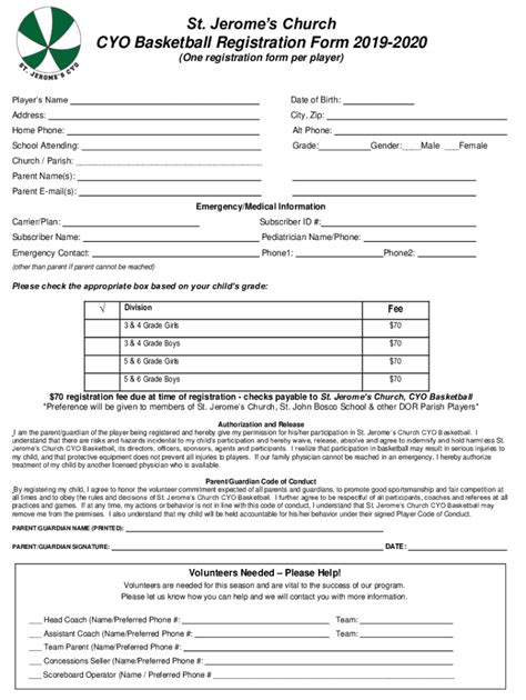 Fillable Online ST BERNARD S CYO REGISTRATION AGREEMENT Fax Email