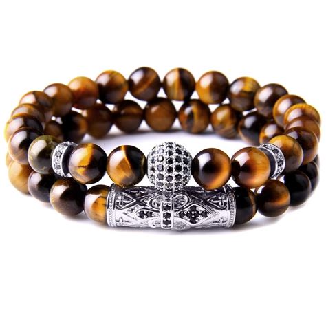 Bracelet Duo Pierres Oeil De Tigre Bijou Homme Perles Et Pierres