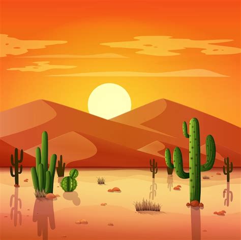 Paisaje Des Rtico Con Cactus En El Fondo Del Atardecer Vector Premium